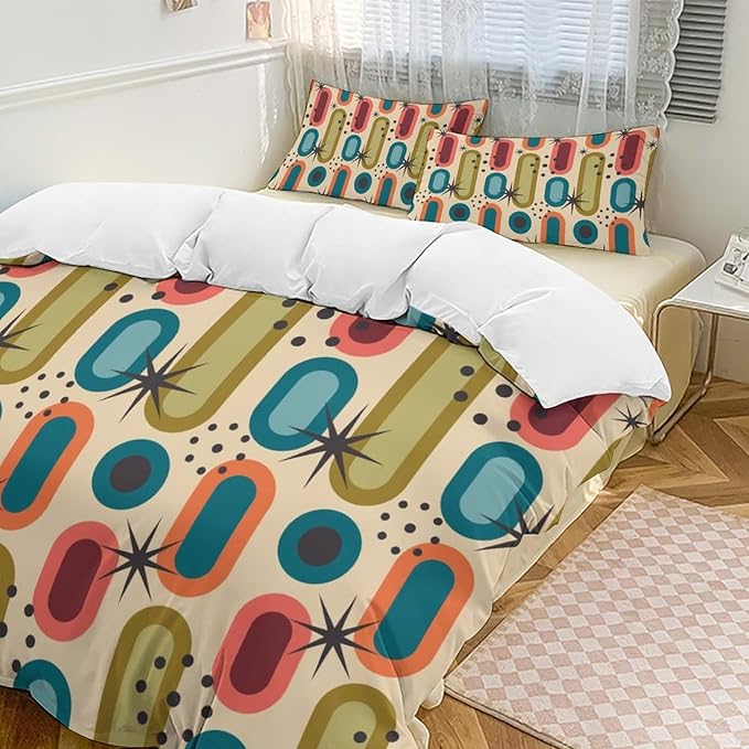 Mid Century Duvet Cover Sets Modern Mid Century Retro Grid Printed Lightweight Soft Quilt Cover Geometric Minimalist Abstract Soft Microfiber 3 Piece (1 Duvet Cover 90x90in + 2 Pillow Sham 20x30in)