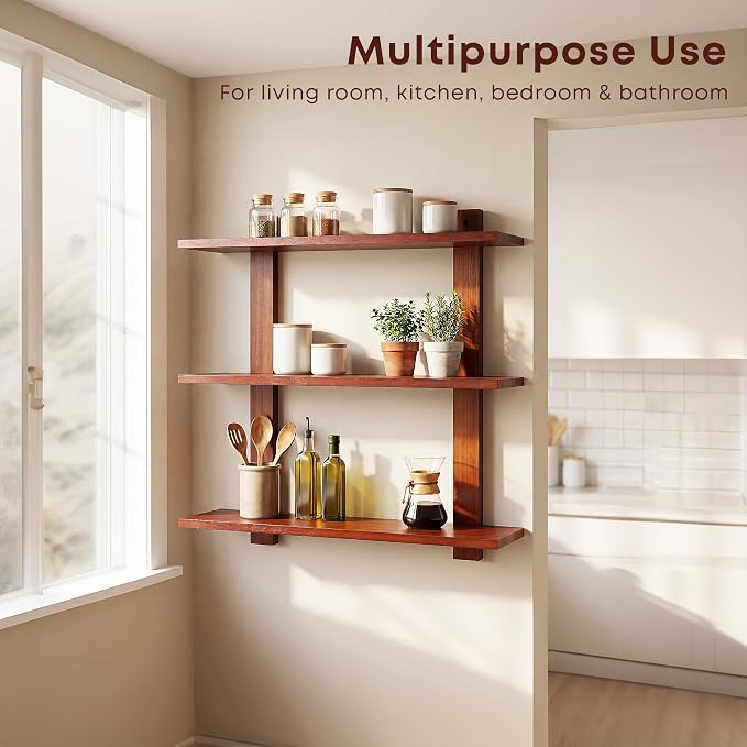 PHOENANCEE 3 Tier Floating Shelves,Long Wall Shelf,Over The Toilet Shelves Bathroom Hanging Display Storage Rustic for Living Room Bedroom Kitchen Office Coffee Bar Decor Decorative,24 Inch