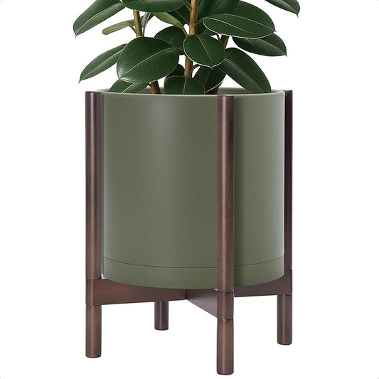 D'vine Dev Planter Pot with Stand - 14 Inch Plastic Cylinder Flower Pot with Wood Planter Holder for Indoor, Olive Pot + Walnut Color Stand, 55-C-R-4