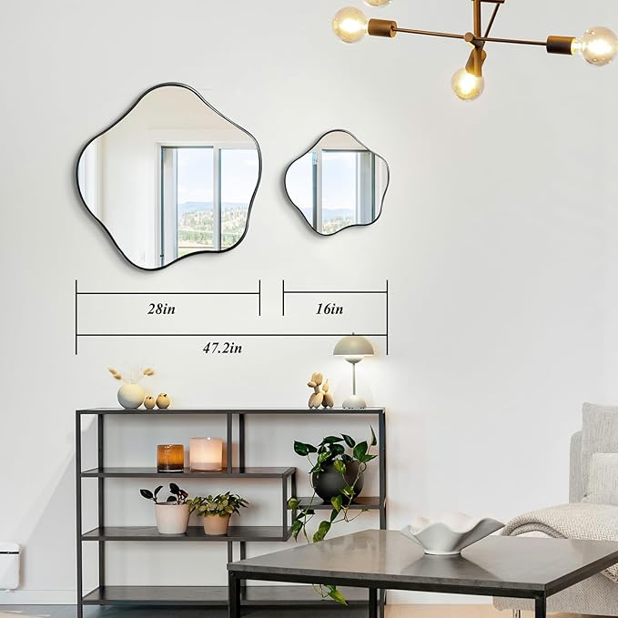 Irregular Shaped Mirror, 28" Asymmetrical Rounded Mirror Decorative, Modern Abstract Wall Mirrors with Metal Frame, Scalloped Mirrors for Living Room Bathroom Bedroom Hallway Entryway