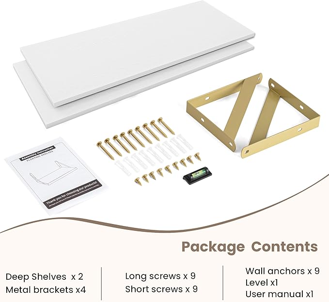 Deep Floating Shelves for Wall, 24W x 8D Wall Mounted Shelves Set of 2, Wide Display Ledge Shelf with Sturdy Metal Brackets for Living Room, Bathroom, Bedroom and Kitchen, White with Gold Brackets