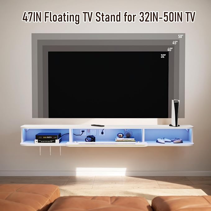 Floating TV Stand with LED Lights, 47'' Solid Wood Wall Mounted TV Cabinet with Glass Door, Mid-Century Entertainment Media Console Center Large Storage Shelf Under TV (47.24IN, White)