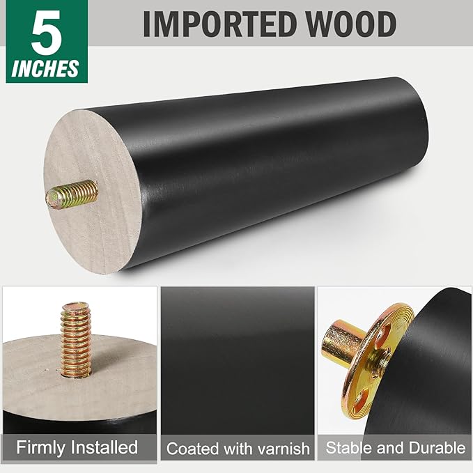 FoDau770 Black Rubber Wood Furniture Legs 5 Inches, Straight Tapered Wood Feet Mid Century Sofa Legs Set of 4, 5/16" UNC Furniture Feet Replacement Parts for Cabinet Couch Dresser Chair Ottoman Table