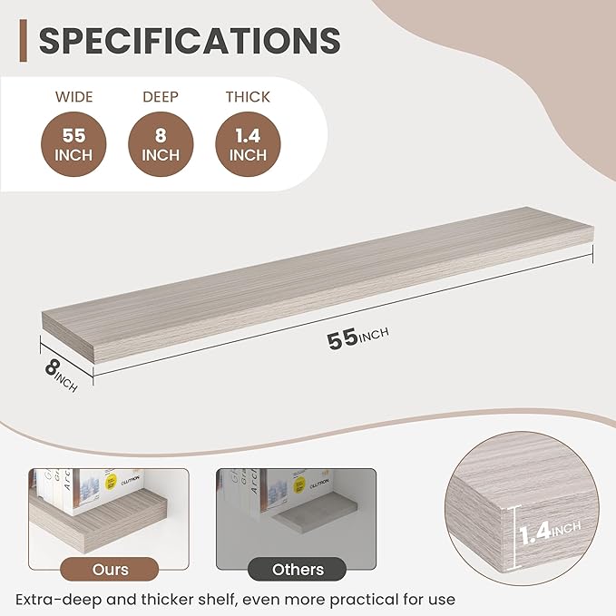 55 Inch Floating Shelves, 8 Inch Deep Floating Shelves for Wall, Hanging Shelf with Invisible Brackets, Deep Shelves for Bathroom, Bedroom, Living Room, Grey, Set of 2