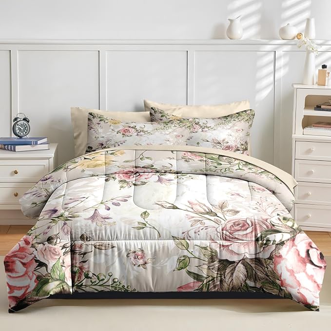 Nesker 7 Pcs Comforter Set Queen Size, Vintage Flower Summer Bedding Set for Kids and Adults, Rose Floral Shabby Chic Sheets Bed Sheet Sets with Fitted Sheet 2 Pillowcases & 2 Shams