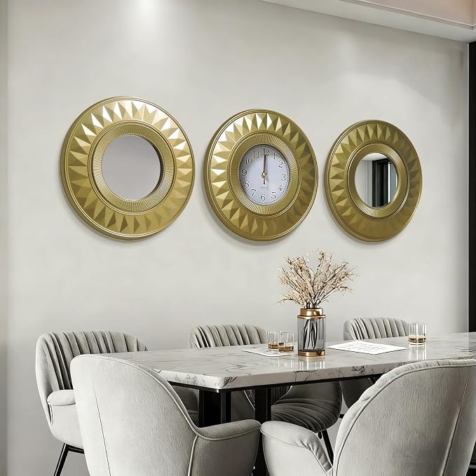 3 Pcs Gold Retro Sunburst Wall Decor Set, 9.8 Inch Round Clock & 2 Mirrors Wall Art, Vintage Sunburst Style Decor for Living Room Bedroom Bathroom, Lightweight & Easy to Install
