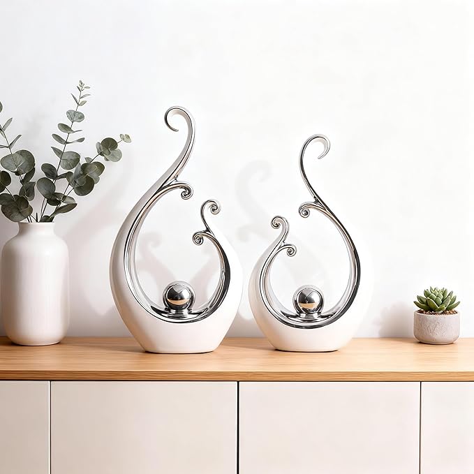 DOVDOV White and Silver Home Decor, Abstract Ceramic 2-Piece Sculpture Set, Modern mid-Century Art Statues, Perfect for Accent Tables, countertops, Coffee Tables, and entryway Decor.