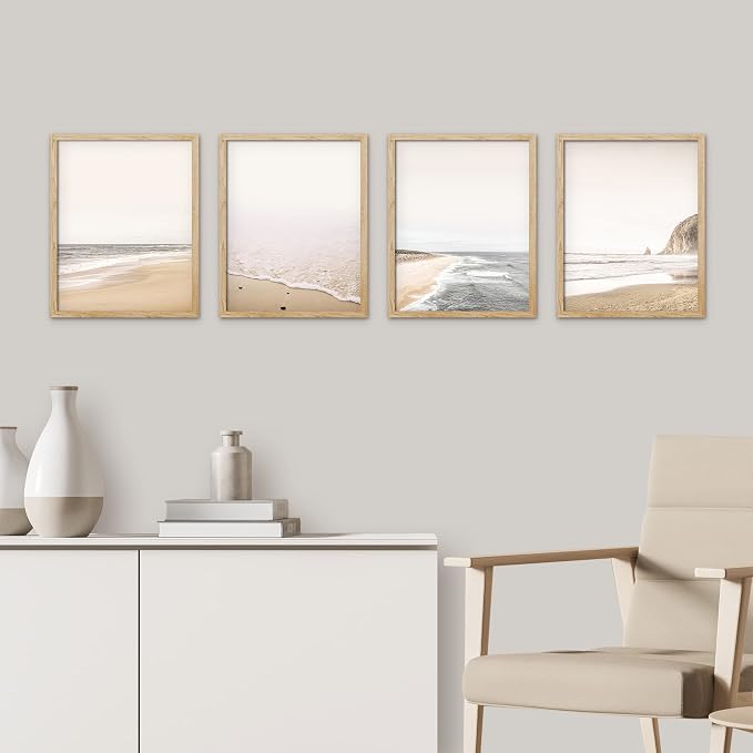 SIGNWIN Framed White Minimalist Ocean Beach Seashore Scenic Wall Art, Set of 4 Landscape Colorful Wall Decor Prints, Nature Wilderness Wall Décor for Living Room, Bedroom - 12"x16" Natural