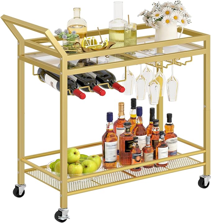 HOOBRO Bar Cart for The Home, Gold Bar Cart, 2-Tier Home Bar Serving Cart with Wine Rack and Glass Holder, Bar Carts with for Bar, Kitchen, Dining Room, Living Room, Gold GD11TC01