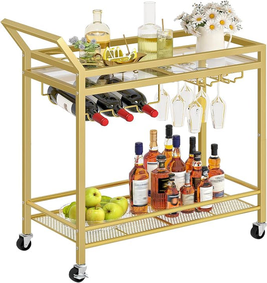 HOOBRO Bar Cart for The Home, Gold Bar Cart, 2-Tier Home Bar Serving Cart with Wine Rack and Glass Holder, Bar Carts with for Bar, Kitchen, Dining Room, Living Room, Gold GD11TC01