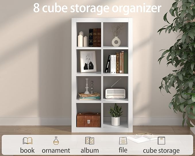 furtble Bookshelf 8-Cube Storage Organizer, Modern Wood Open Bookcase, Multifunctional Display Shelf for Living Room, Bedroom, Home Office, White
