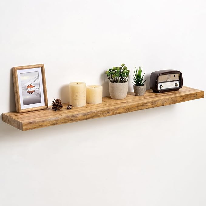 Fun Memories Floating Shelves for Wall Decor Set of 1-40 Inch Solid Elm Wood Live Edge - Rustic Natural Wall Shelves with Invisible Brackets - for Living Room, Bedroom, Kitchen - Natural Finish