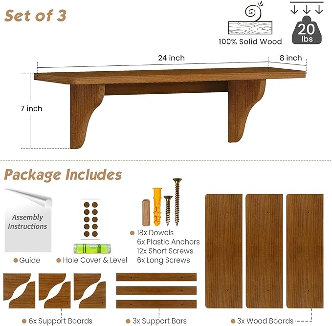 Forbena Wooden Floating Shelves for Wall Set of 3, 24 Inch Wall Shelf for Bedroom, Dark Wood Arched Hanging Wall Shelves for Bedroom, Living Room, Office, Nursery, Dining Room (Walnut Brown)