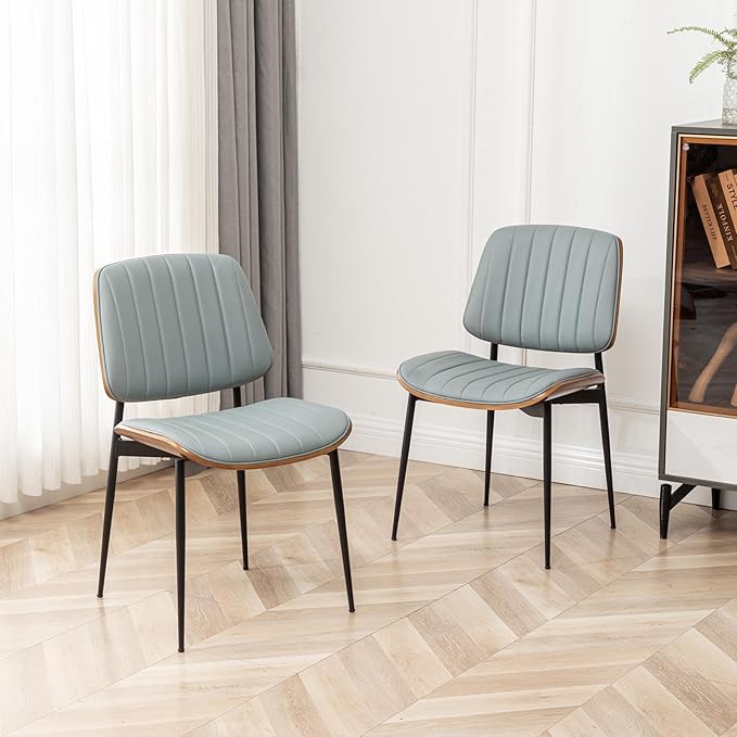 LUNLING Dining Chairs Set of 2,Mid Century Modern Retro Faux Leather Chair with Walnut Bentwood Upholstered Seat Metal Legs Adjustable Foot for Kitchen Dining Room Chairs(Blue)