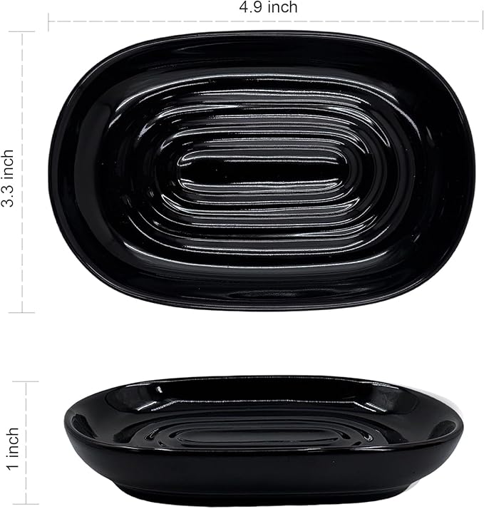 Soap Dish, Ceramic Soap Dish with Marble PatternShower, Soap Saver Tray for Bathroom, Kitchen Sink & Vanity, Multi-Use Holder for Jewelry, Rings, Keys (2 Pack, Black)