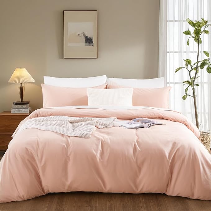 NEXHOME PRO Duvet Cover Set Oversized Queen 92"x98" Linen Look Textured Organic Natural 100% Washed Cotton 3 Pieces Bedding Set with Zipper Closure, Breathable, Dusty Pink (No Comforter)