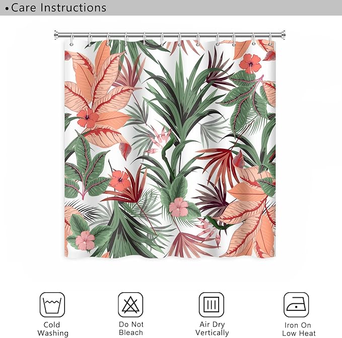 Tropical Plant Shower Curtain Boho Green Leaves Blossom Pink Lily Bath Curtain 48 x 72 Inch Waterproof Washable Fabric Summer Bathroom Decorative Shower Curtain Sets with 8 Hooks