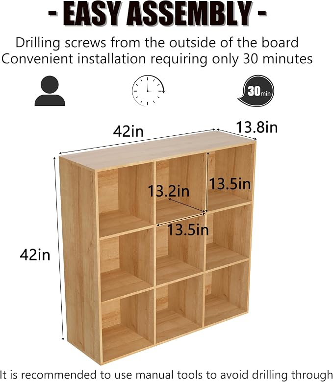 Wooden 9 Cube Storage Organizer with Closed Back Panel,White Cube Shelf Cubby Storage Organizer with Compartments for Living,Bookshelf, Easy to Install (Oak, 9 Cube-13in)