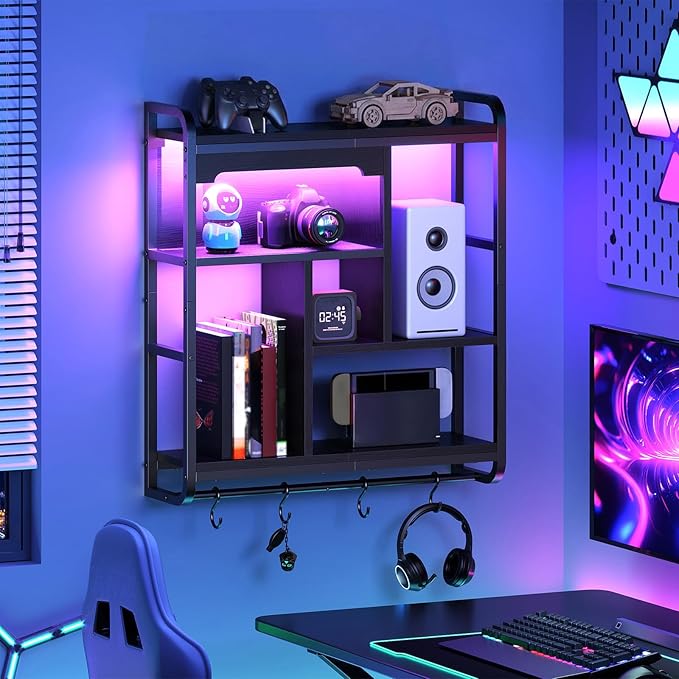 HOOBRO Gaming Floating Shelves with LED Lights, 26.4" LED Wall Mounted Shelf, Modern Corner Shelf 3-Tier Display Rack for Wall Storage, Arched Design, for Kitchen, Living Room, Study, Black BB44DBJ01