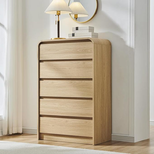 Modern 5 Drawers Dresser for Bedroom, 45" Tall Dressers & Chests of Drawers w/Curved Profile Design, Wood Mid Century Vertical Dresser w/Natural Texture for Bedroom, Living Room, Natural Oak