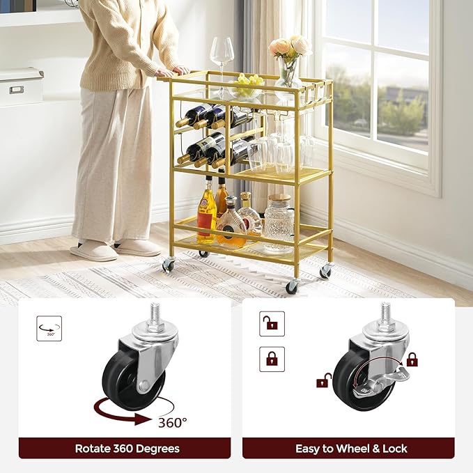 MAHANCRIS Bar Cart for Home, 3-Tier Serving Cart with Wheels and Handle, Beverage Cart with Wine Rack and Glass Holders, Rolling Wine Cart for Kitchen, Dining Room, Gold RCJ61B01