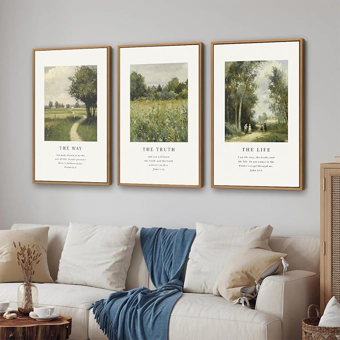KaiWithYuan Christian Scripture Framed Canvas Wall Art Set, Jesus Bible Verse Posters Wall Decor, Vintage Monet Nature landscape Art Paintings for Living Room Bedroom Dining Room Prayer Room 16"x24"x3
