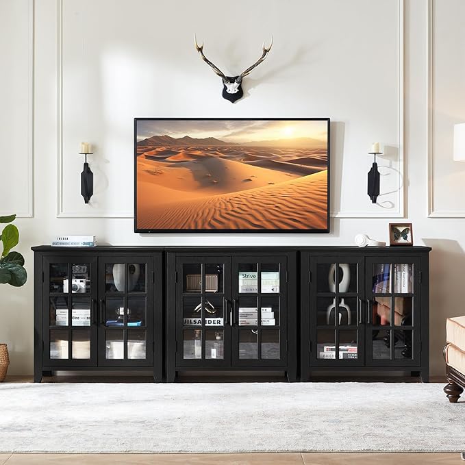 Large Sideboard Buffet Cabinet with Storage, 32" Farmhouse Kitchen Coffee Wine Bar Cabinet with 2 Glass Doors, Wood Mid Century Modern Side Board Table for Dining Room, Living Room, Black