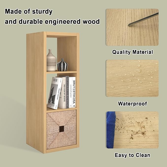 CTESNE【2026 Wooden Thick Frame 3 Cube Storage Organizer Shelf with Anti-Tipping Kits + Reversible Open Back Bookcase, Horizontal and Vertical Dual-use（Oak Color,11inch）