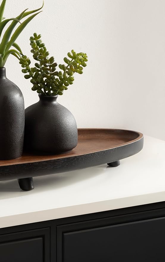 Kate and Laurel Tomaz Modern Decorative Mango Wood Oval Footed Tray, 23 x 7, Walnut Brown and Black, Transitional Food-Safe Wooden Coffee Table Tray with Elevated Design and Unique Oval Shape