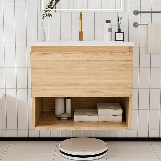 24 inch 3D Carved Bathroom Vanity with Open Compartment, Floating Cabinet with Soft-Close Drawer,with Ceramic Basin,Single Shelve,Mid Century Modern,Triamine Finish (Yellow Oak/White Sink)