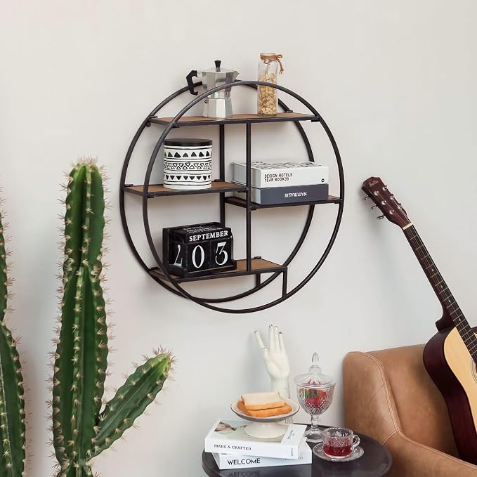 Industrial Style Round Wall Shelves, 3 Tier Decorative Floating Ledge Shelves, Wall Mounted Metal Bracket Wooden Display Hanging Shelf