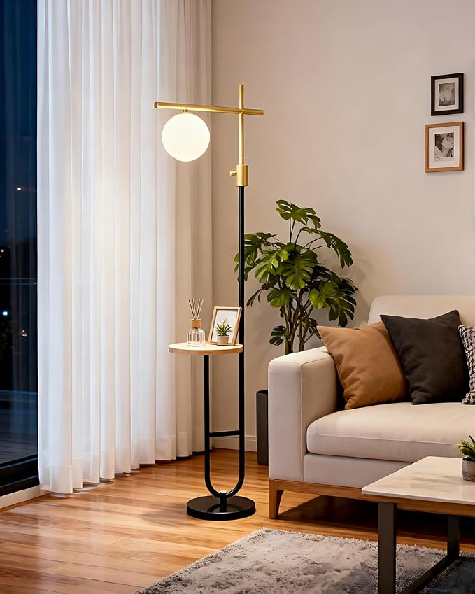 Lightdot 66IN Gold&Black Dimmable Floor Lamps with Table, Modern Standing Tall Lamp with Globe Shade, Cross-Shaped Head and U-Pole Base for Living Room/Bedroom/Sofa Beside/Corner Decor(Bulb Included)