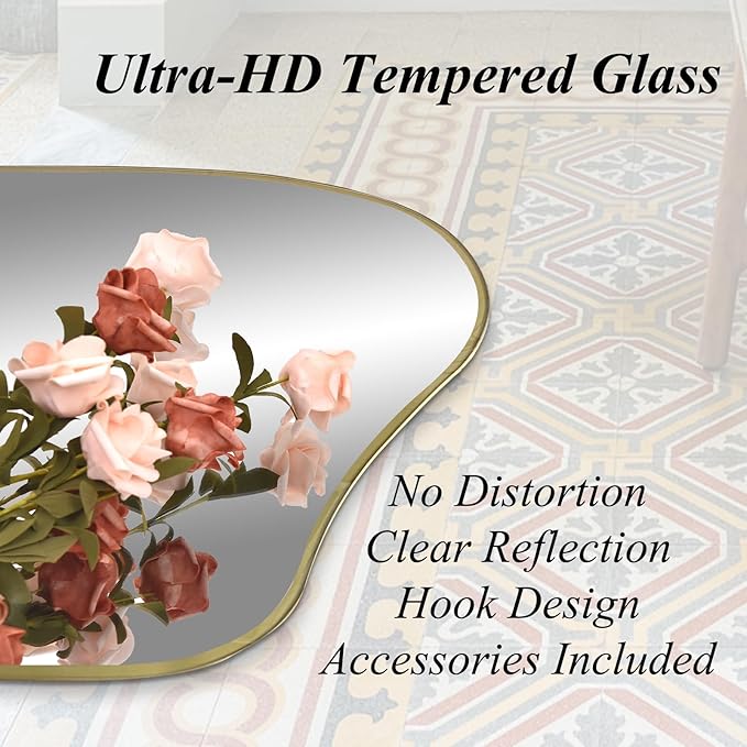 Large Irregular Mirror, 60"x24" Asymmetrical Tempered Glass Mirror Decorative, Gold Abstract Wall Mirrors for Dressing, Modern Frameless Mirrors for Living Room Bathroom Bedroom Hallway Entryway