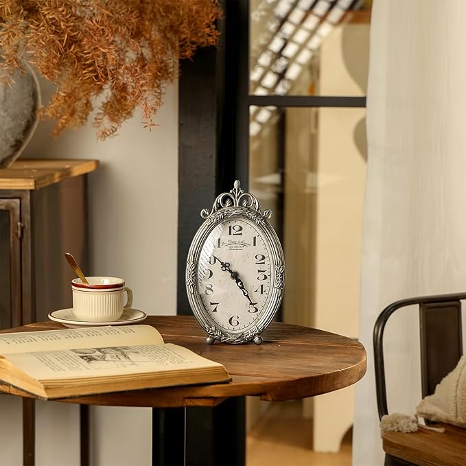 NIKKY HOME Small Vintage Table Clock, Silent Elegant Silver Desk Clock | Non-Ticking Battery-Operated Metal Decorative Shelf Clock, Perfect for Living Rooms, Offices, Shelves, Mantels