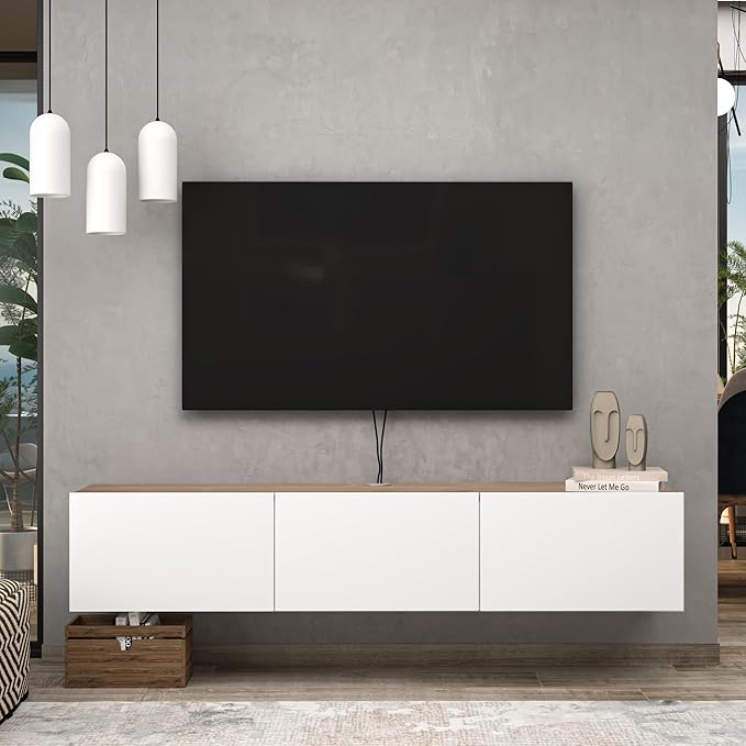 Atelier Mobili Floating TV Stand - Wall Mounted, Supports up to 80 inch TV, Modern White Entertainment Center for Living Room, White Floating TV Stand with Oak Counter Design
