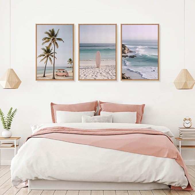 HPINUB Beach Seascape Framed Canvas Wall Art Set,Palm Tree Surfboard Nature Wall Decor,Modern Coastal Landscape Artwork Relax Summer Ocean Art Print for Living Room,Bedroom,Bathroom Decor-16 x24 x3