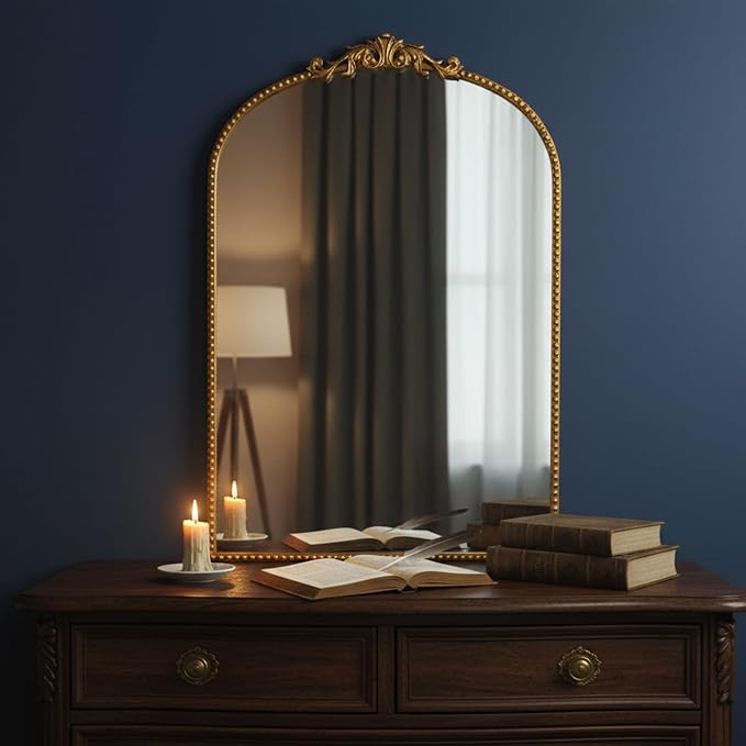 ZIYOO Vintage Baroque Arched Wall Mirror 36"x24", Gold Ornate Antique French Traditional Decor Mirror for Entryway Living Room Fireplace (Gold Metal,36" x 24")