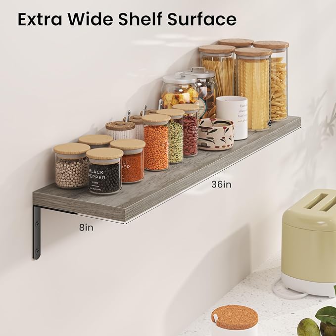 Marsmiles Extra Wide Floating Shelves for Wall, 36x8 Inch Natural Wood Grain Bookshelves, Heavy Duty Mounted Shelving for Bathroom, Kitchen, Living Room, Bedroom,Set of 2，Grey