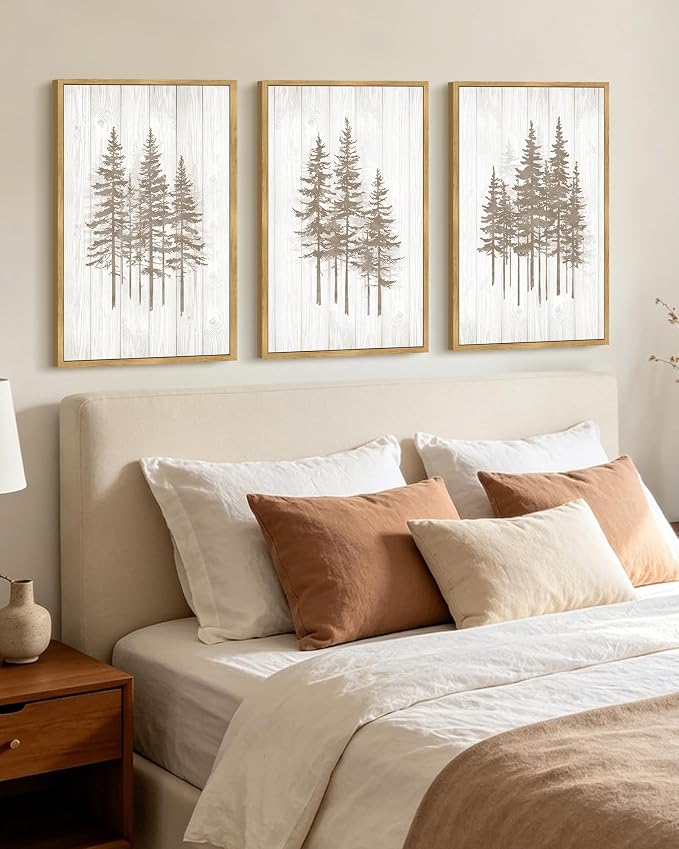 KUVIOKE Foggy Misty Pine Tree Framed Wall Art Watercolor Nature Abstract Forests Wall Decor Rustic Minimalist Painting for Bedroom Dining Room 16x24in (Natural Framed)
