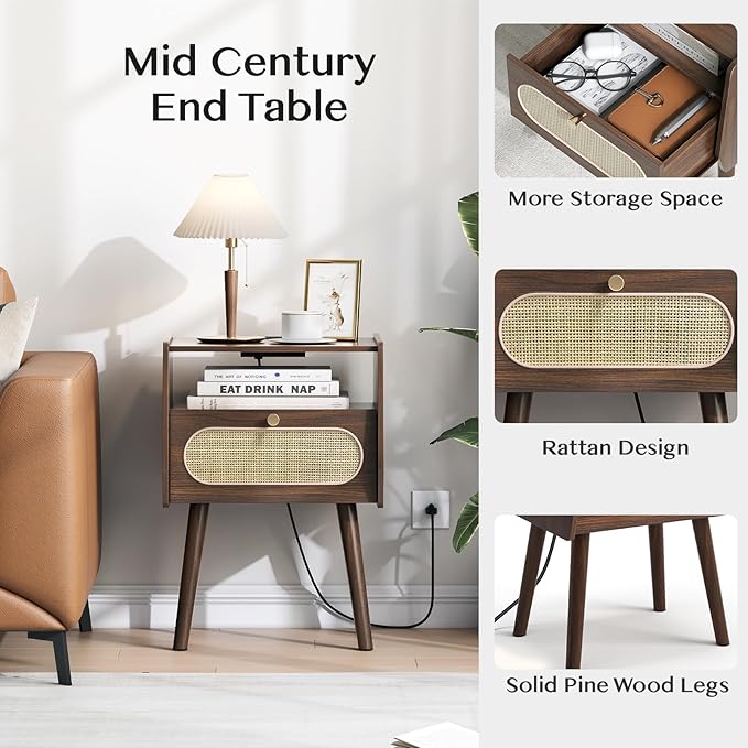 Nightstands Set of 2, Rattan Night Stand set 2 with Charging Station, Mid Century Modern Bedside Table with Drawer, Boho End Table with Solid Wood Legs, Bed Side Table for Bedroom, Small Space, Walnut