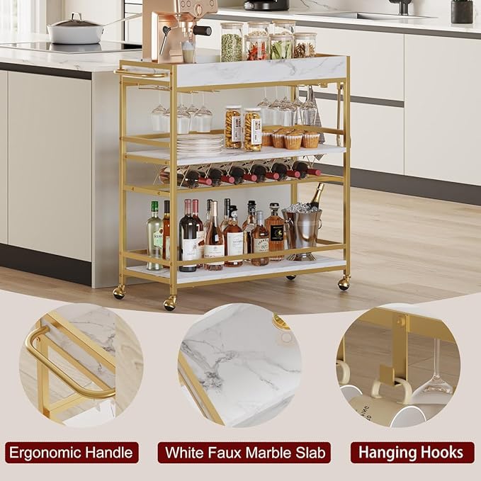 BON AUGURE Bar Cart for The Home, Rolling Home Bar Serving Cart on Wheels, 3 Tier Mobile Liquor Beverage Carts with Wine Rack and Glass Holder (Gold & Marbleized White)