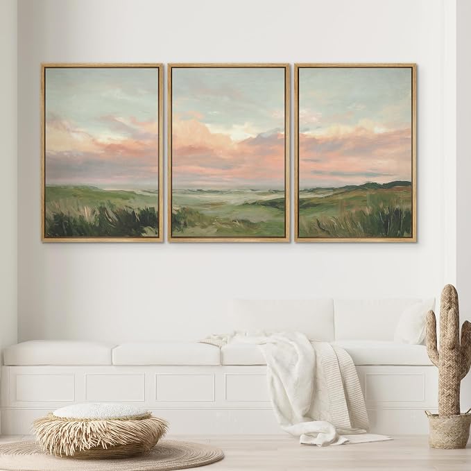 SIGNWIN Framed Canvas Print Wall Art Set Pastel Coastal Sunset Over Dune Grass Illustrations Modern Art Decorative Chic Calm/Zen for Living Room, Bedroom, Office - 16"x24"x3 NATURAL