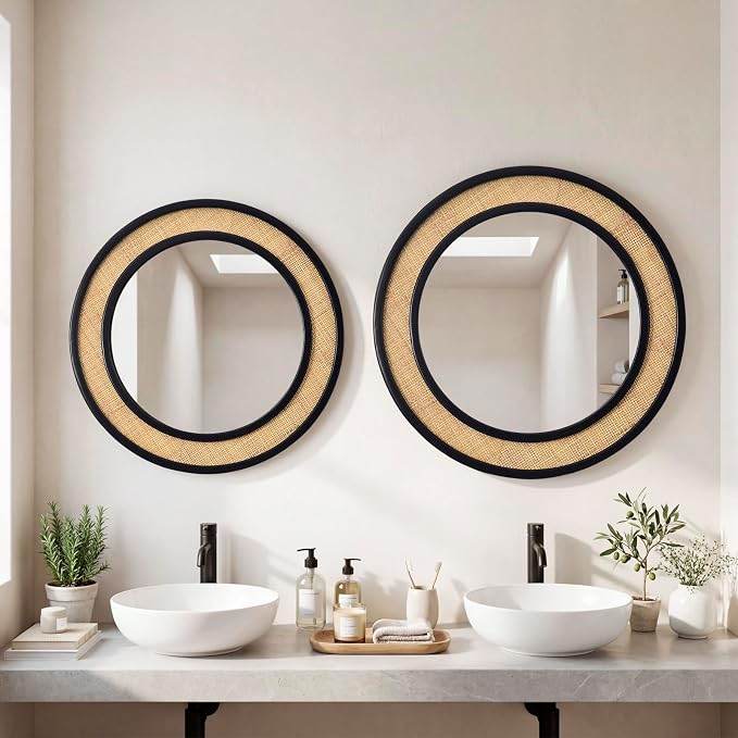 Round Rattan Mirror, 30" Circle Wall Mirror, Farmhouse Wooden Vanity Mirror with Handmade Wicker Frame, Decorative Boho Mirror for Nursery Bedroom Living Room Entryway Black