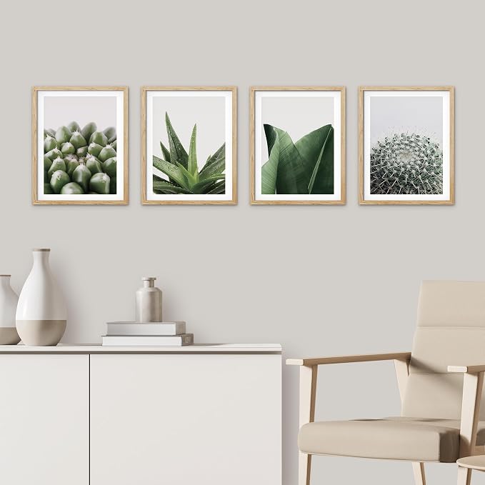 SIGNWIN Framed Tropical Island Wall Art, Set of 4 Green Desert Plant Cactus Snake Plant Wall Decor Prints, Nature Wilderness Wall Décor for Living Room, Bedroom - 8"x10" Natural