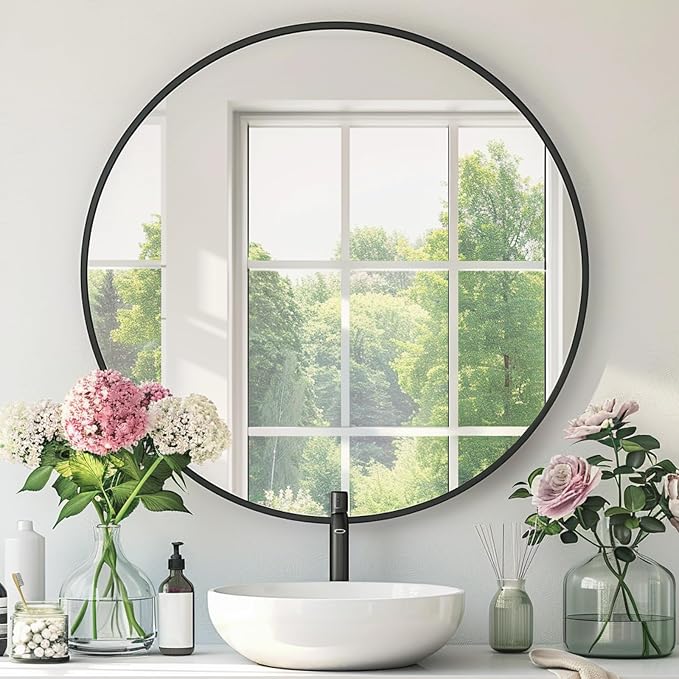 Black Round Mirror, 20 Inch Black Circle Mirror, Metal Frame Round Wall Mounted Mirrors for Bathroom, Living Room, Bedroom, Entryway, Vanity