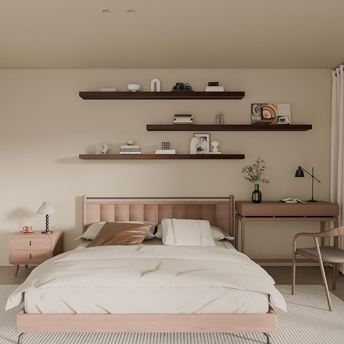 Floating Shelves for Wall, 72 Inch Extra Long Walnut Wall Shelves, Set of 3, Hanging Invisible Brackets Floating Shelves for Living Room,Bedroom,and Kitchen