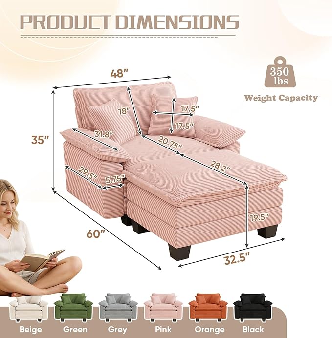 Chaise Lounge Chair Indoor, Oversized Accent Chairs with Ottoman, Luxury Corduroy Upholstered Deep Seat Sleeper Sofa Reading Chairs and A Half with Pillows for Living Room, Bedroom, Apartment, Pink