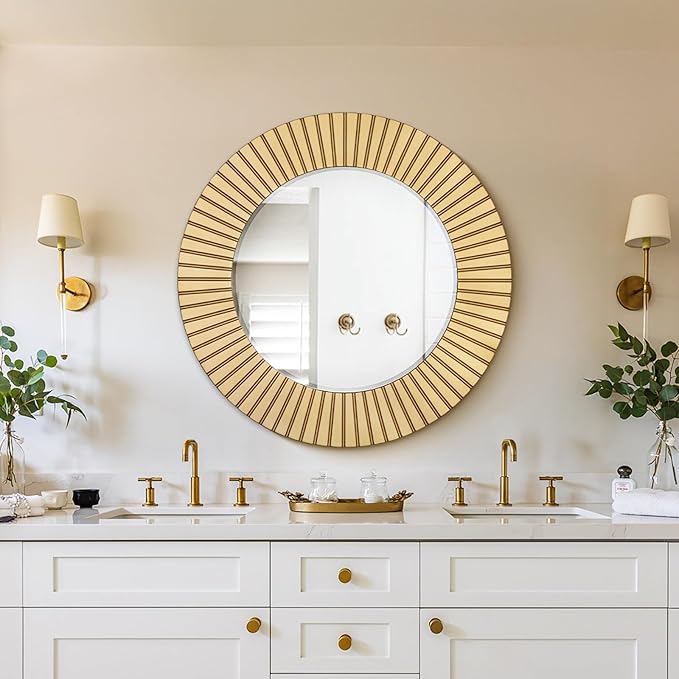 Chende Round Gold Mirror, 36'' Large Decorative Mirror for Wall with Wood Frame, Elegant Accent Gold Mirrors for Living Room, Entryway, Bathroom