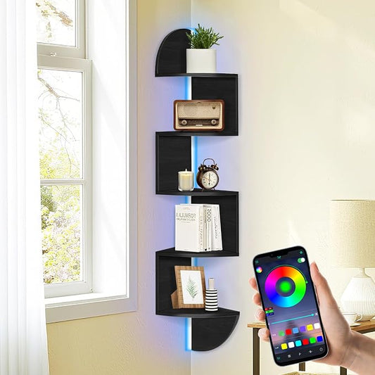 Corner Shelf Wall Mounted, 5 Tier Corner Bookshelf with Light, Corner Floating Shelves Display Shelf Stand for Bedroom, Bathroom, Living Room, Kitchen, Home, Office (Black)