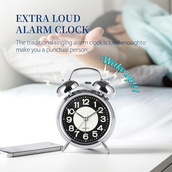 Super Loud Alarm Clock For heavy sleepers,4 inches Twin Bell Alarm Clock with Backlight,Battery Operated,Silent Non Ticking,For Kids,Adults,Bedrooms,Retro decor Desk Analog Clocks.. (Noctilucent)